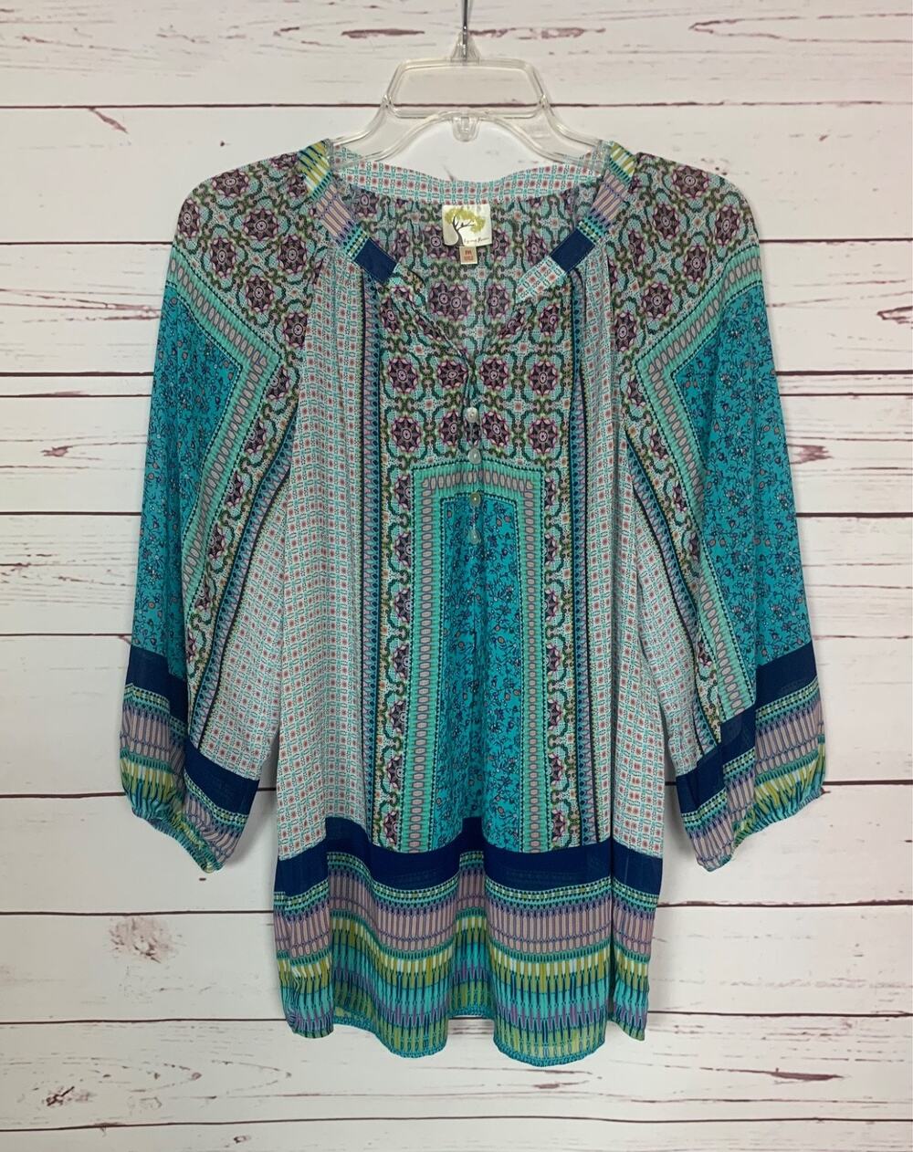 Fig and Flower Anthropologie Women's M Medium Blue Boho 3/4 Sleeves Sheer Top